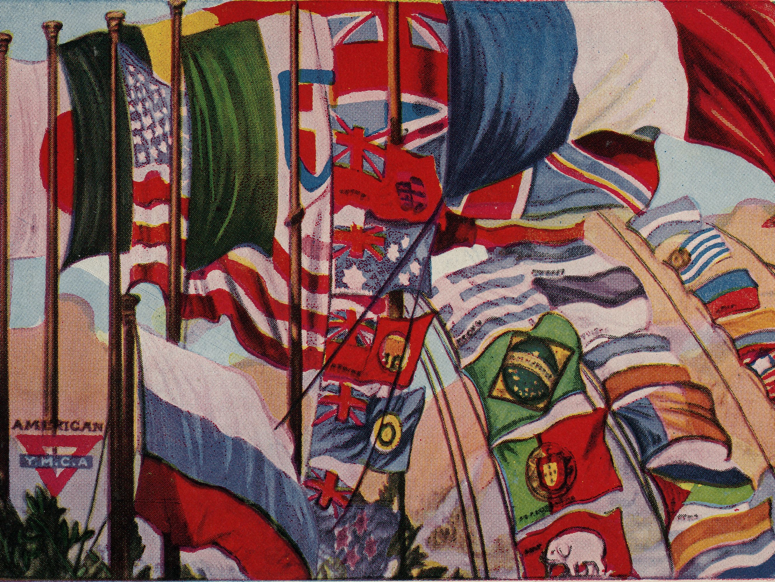 American YMCA illustrated postcard with flags of the Allied Forces of World War I, ca. 1914-1918