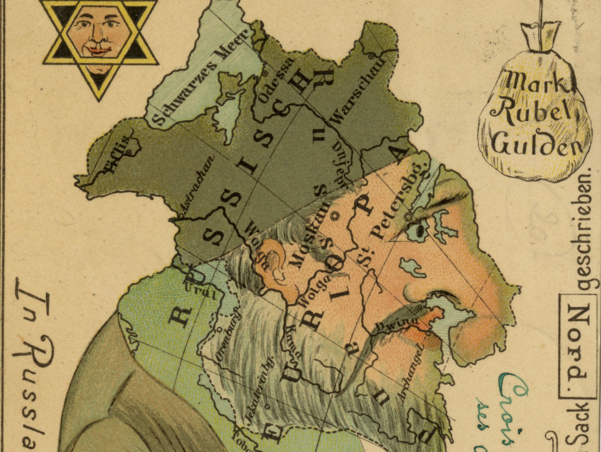 Map of Eastern Europe shaped like a caricatured Jewish face, ca. 1890s-1910s