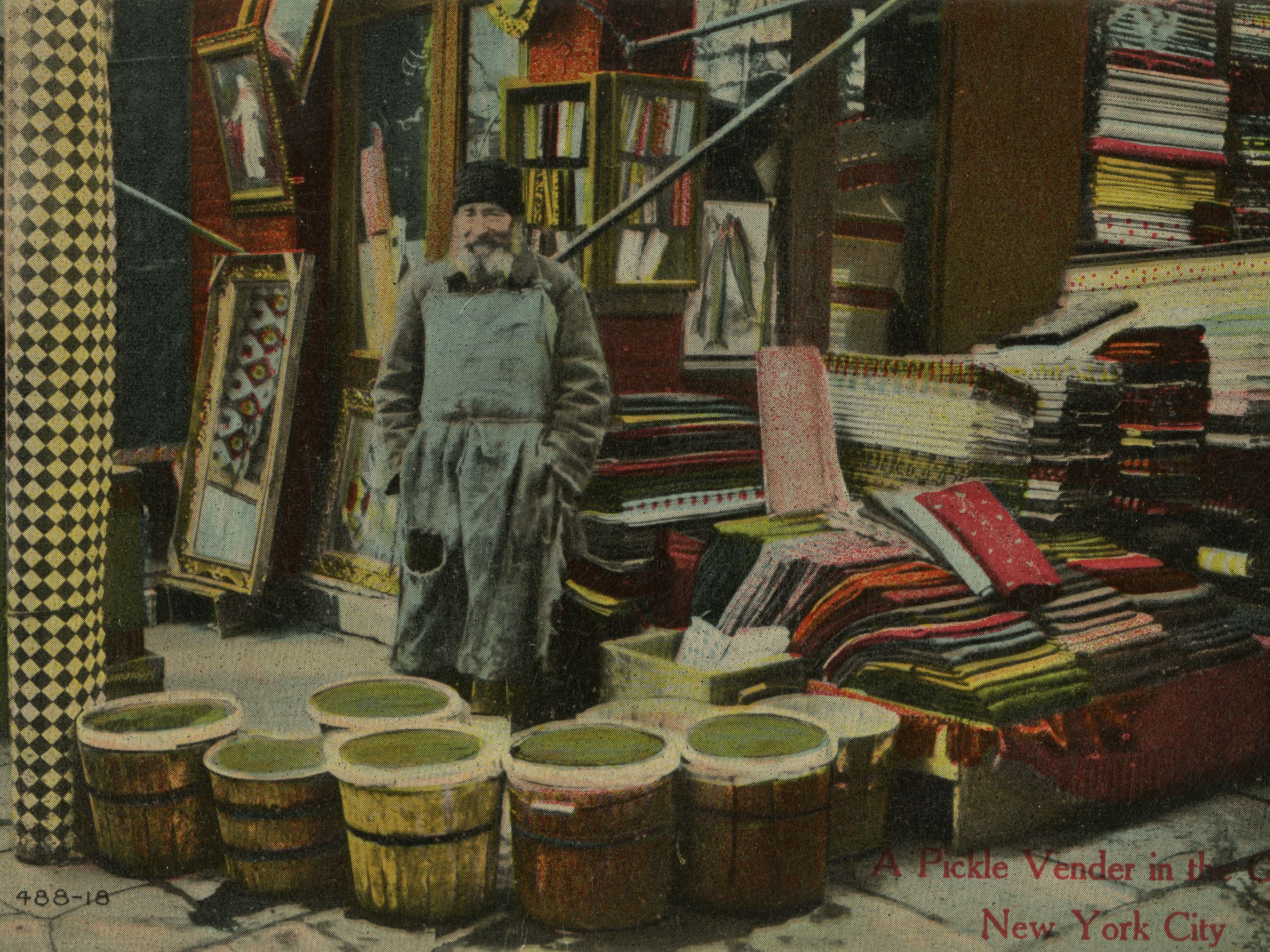 "A Pickle Vender in the Ghetto, New York City," early 1900s