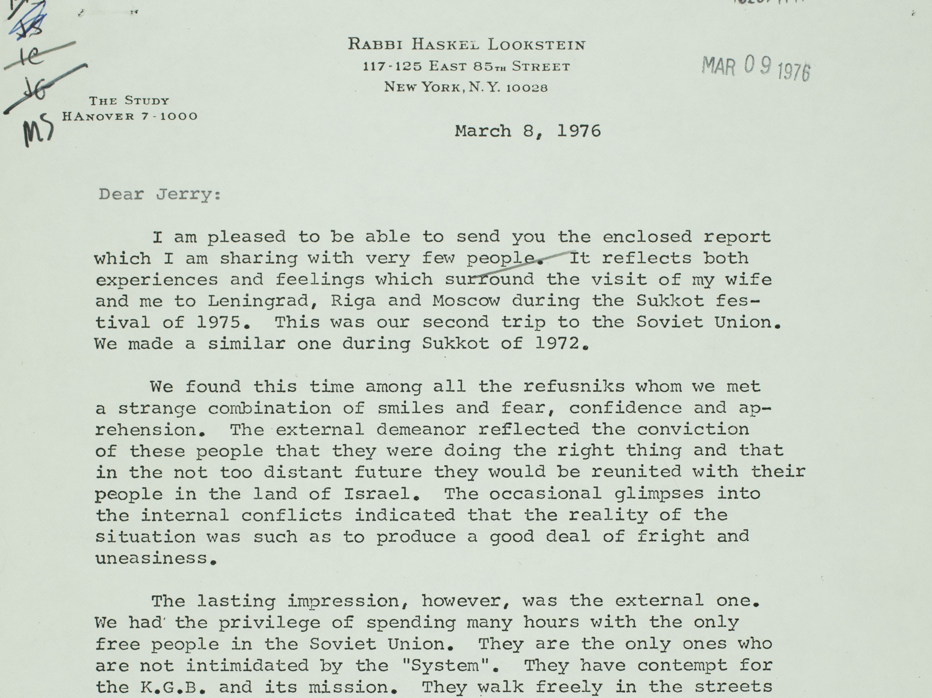 Rabbi and Mrs. Haskel Lookstein, trip report submitted March 1976